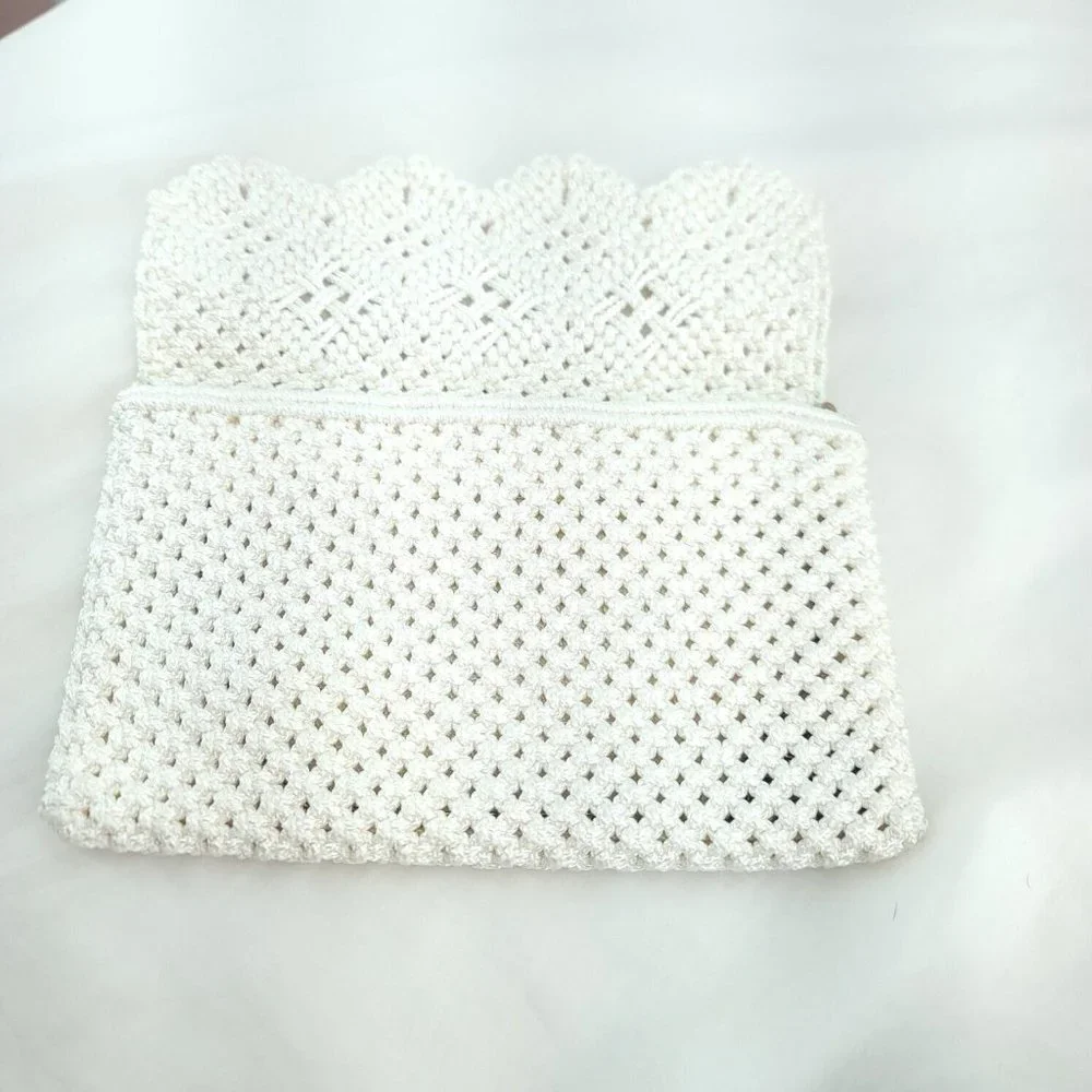 Womens White Woven Knitted Rectangle Shape Chain Strap Lightweight Clutch Bag